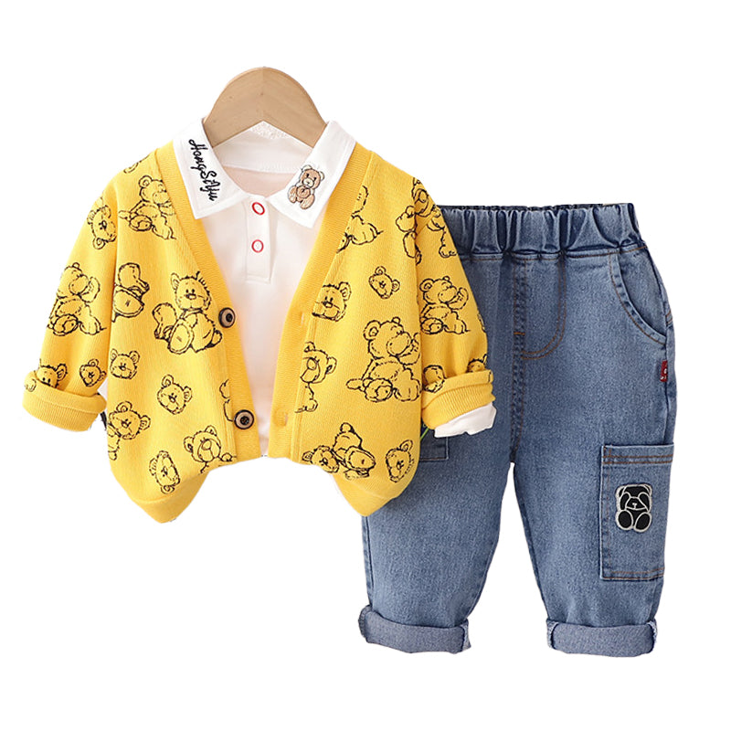 3 Pieces Set Baby Kid Boys Embroidered Shirts Cartoon Cardigan And Solid Color Jeans Wholesale 230129237