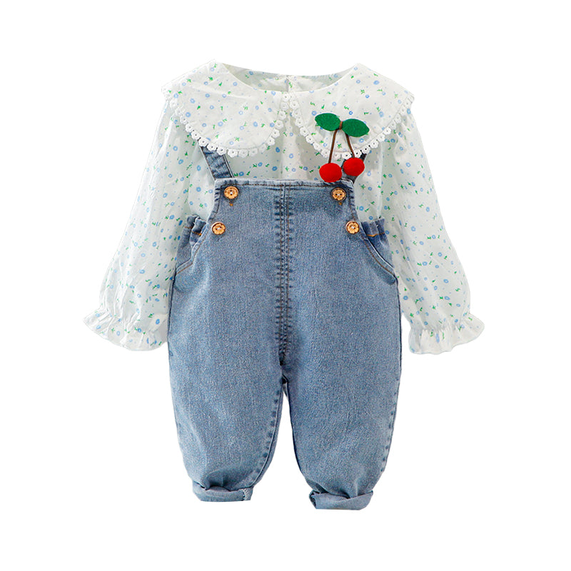 2 Pieces Set Baby Kid Girls Flower Print Blouses And Solid Color Jumpsuits Wholesale 230129239