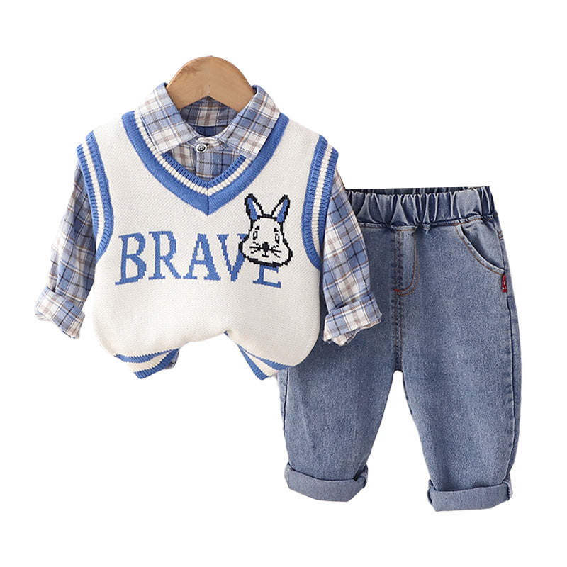 3 Pieces Set Baby Kid Boys Checked Shirts Letters Cartoon Crochet Vests Waistcoats And Expression Print Pants Wholesale 230129284