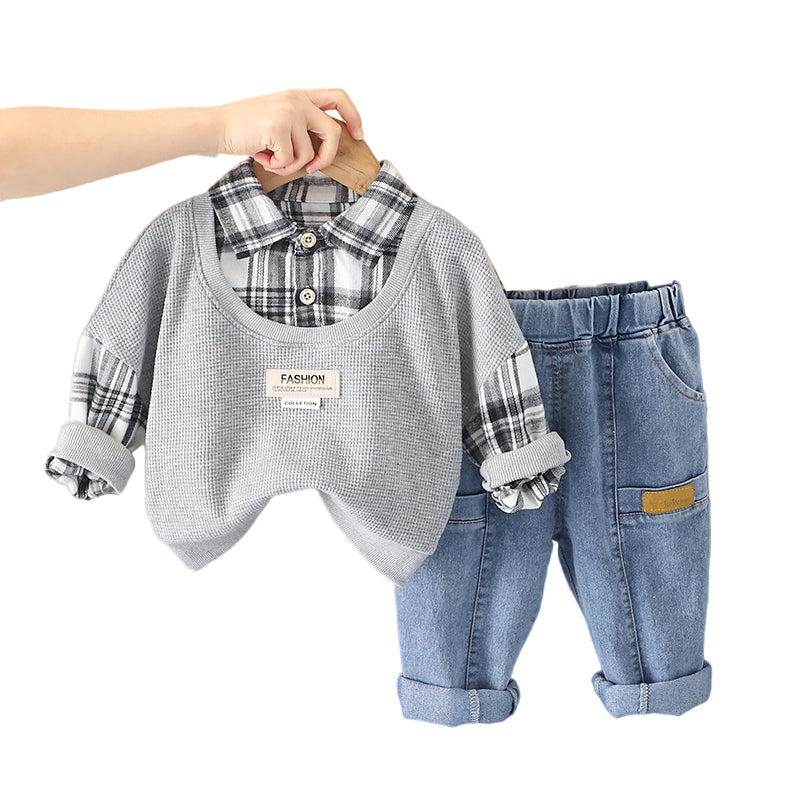 2 Pieces Set Baby Kid Boys Color-blocking Checked Tops And Solid Color Pants Wholesale 230129287