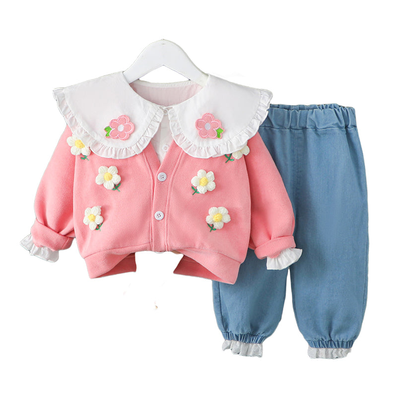 3 Pieces Set Baby Kid Girls Flower Shirts And Jackets Outwears And Pants Wholesale 230129295