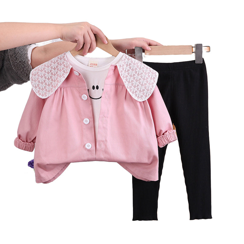 3 Pieces Set Baby Kid Girls Expression Print Tops And Bow Jackets Outwears And Solid Color Pants Wholesale 230129308