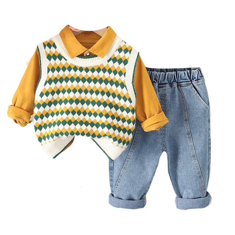 3 Pieces Set Baby Kid Boys Solid Color Shirts Checked Vests Waistcoats And Jeans Wholesale 230129315
