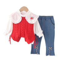 Load image into Gallery viewer, 3 Pieces Set Baby Kid Girls Fruit Blouses Solid Color Vests Waistcoats And Bow Jeans Wholesale 230129332
