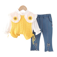 Load image into Gallery viewer, 3 Pieces Set Baby Kid Girls Fruit Blouses Solid Color Vests Waistcoats And Bow Jeans Wholesale 230129332
