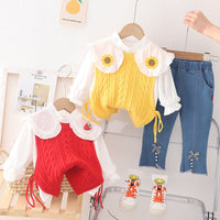 Load image into Gallery viewer, 3 Pieces Set Baby Kid Girls Fruit Blouses Solid Color Vests Waistcoats And Bow Jeans Wholesale 230129332
