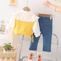 Load image into Gallery viewer, 3 Pieces Set Baby Kid Girls Fruit Blouses Solid Color Vests Waistcoats And Bow Jeans Wholesale 230129332
