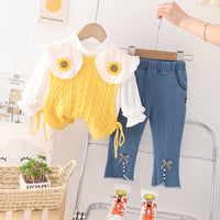 Load image into Gallery viewer, 3 Pieces Set Baby Kid Girls Fruit Blouses Solid Color Vests Waistcoats And Bow Jeans Wholesale 230129332
