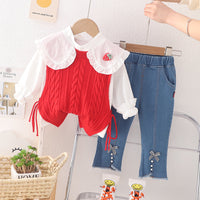 Load image into Gallery viewer, 3 Pieces Set Baby Kid Girls Fruit Blouses Solid Color Vests Waistcoats And Bow Jeans Wholesale 230129332
