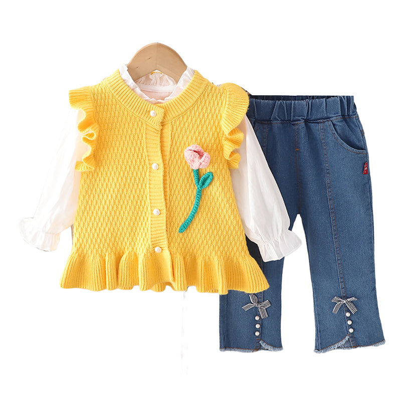 3 Pieces Set Baby Kid Girls Solid Color Tops Flower Crochet Vests Waistcoats And Bow Jeans Wholesale 230129350