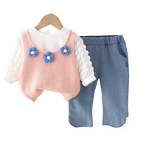 Load image into Gallery viewer, 3 Pieces Set Baby Kid Girls Solid Color Tops Flower Crochet Vests Waistcoats And Lace Jeans Wholesale 230129351
