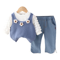 Load image into Gallery viewer, 3 Pieces Set Baby Kid Girls Solid Color Tops Flower Crochet Vests Waistcoats And Lace Jeans Wholesale 230129351
