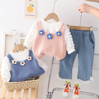 Load image into Gallery viewer, 3 Pieces Set Baby Kid Girls Solid Color Tops Flower Crochet Vests Waistcoats And Lace Jeans Wholesale 230129351

