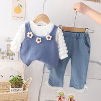 Load image into Gallery viewer, 3 Pieces Set Baby Kid Girls Solid Color Tops Flower Crochet Vests Waistcoats And Lace Jeans Wholesale 230129351

