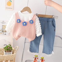 Load image into Gallery viewer, 3 Pieces Set Baby Kid Girls Solid Color Tops Flower Crochet Vests Waistcoats And Lace Jeans Wholesale 230129351
