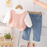 Load image into Gallery viewer, 3 Pieces Set Baby Kid Girls Solid Color Tops Flower Crochet Vests Waistcoats And Lace Jeans Wholesale 230129351
