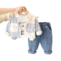 Load image into Gallery viewer, 3 Pieces Set Baby Kid Boys Letters Cartoon Print Tops Striped Jackets Outwears And Solid Color Jeans Wholesale 230129357
