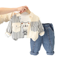 Load image into Gallery viewer, 3 Pieces Set Baby Kid Boys Letters Cartoon Print Tops Striped Jackets Outwears And Solid Color Jeans Wholesale 230129357
