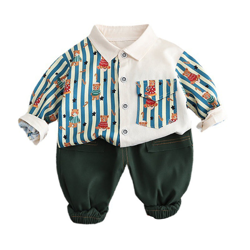 2 Pieces Set Baby Kid Boys Striped Cartoon Print Shirts And Solid Color Pants Wholesale 230129362