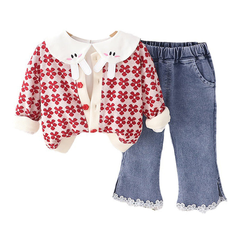 3 Pieces Set Baby Kid Girls Cartoon Embroidered Tops Flower Cardigan And Pants Wholesale 230129368