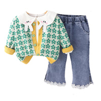 Load image into Gallery viewer, 3 Pieces Set Baby Kid Girls Cartoon Embroidered Tops Flower Cardigan And Pants Wholesale 230129368
