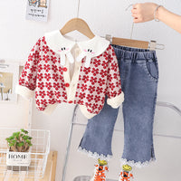 Load image into Gallery viewer, 3 Pieces Set Baby Kid Girls Cartoon Embroidered Tops Flower Cardigan And Pants Wholesale 230129368
