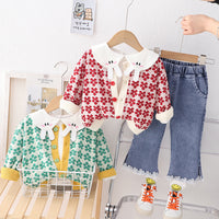 Load image into Gallery viewer, 3 Pieces Set Baby Kid Girls Cartoon Embroidered Tops Flower Cardigan And Pants Wholesale 230129368
