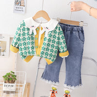 Load image into Gallery viewer, 3 Pieces Set Baby Kid Girls Cartoon Embroidered Tops Flower Cardigan And Pants Wholesale 230129368
