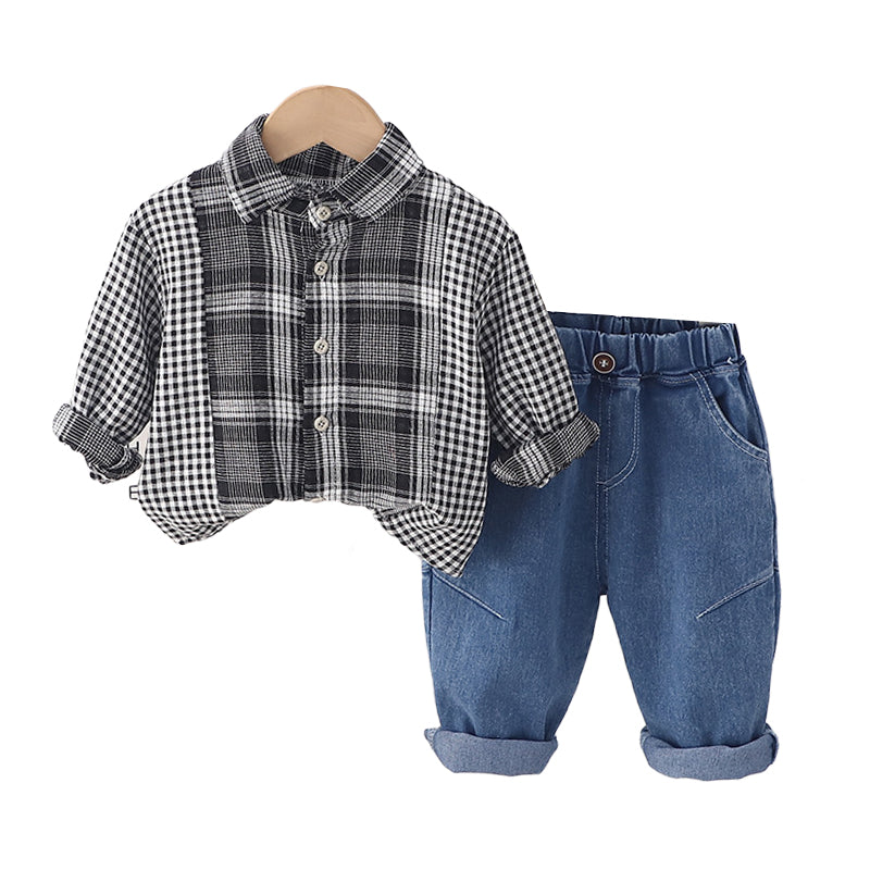 2 Pieces Set Baby Kid Boys Checked Shirts And Solid Color Pants Wholesale 230129374