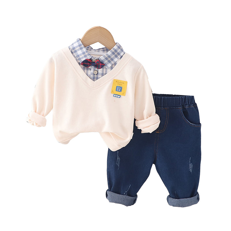 2 Pieces Set Baby Kid Boys Checked Bow Tops And Solid Color Pants Wholesale 230129394