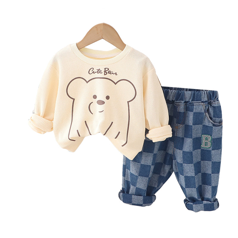 2 Pieces Set Baby Kid Boys Cartoon Hoodies Sweatshirts Checked And Alphabet Pants Wholesale 230129396