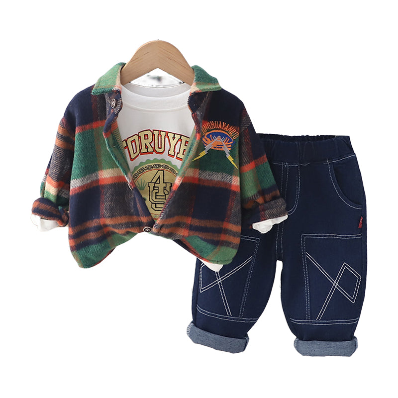 3 Pieces Set Baby Kid Boys Letters Cartoon Print Tops Checked Jackets Outwears And Striped Jeans Wholesale 230129427