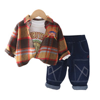 Load image into Gallery viewer, 3 Pieces Set Baby Kid Boys Letters Cartoon Print Tops Checked Jackets Outwears And Striped Jeans Wholesale 230129427
