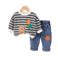 Load image into Gallery viewer, 2 Pieces Set Baby Kid Boys Striped Cartoon Embroidered Tops And Expression Jeans Wholesale 230129430
