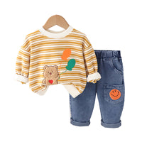 Load image into Gallery viewer, 2 Pieces Set Baby Kid Boys Striped Cartoon Embroidered Tops And Expression Jeans Wholesale 230129430
