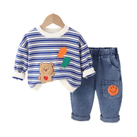 Load image into Gallery viewer, 2 Pieces Set Baby Kid Boys Striped Cartoon Embroidered Tops And Expression Jeans Wholesale 230129430
