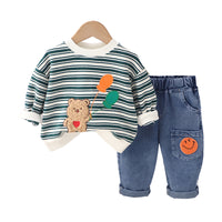 Load image into Gallery viewer, 2 Pieces Set Baby Kid Boys Striped Cartoon Embroidered Tops And Expression Jeans Wholesale 230129430
