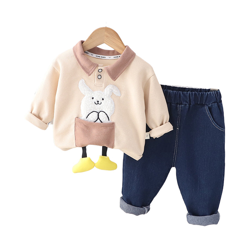 2 Pieces Set Baby Kid Boys Animals Cartoon Embroidered Tops And Solid Color Jeans Wholesale 230129449