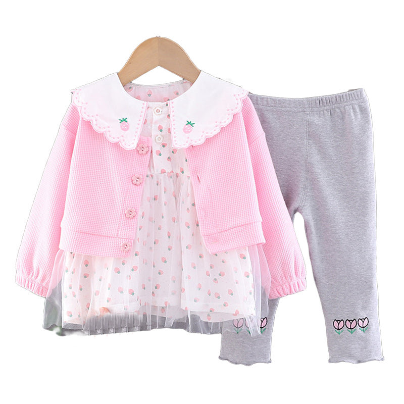 3 Pieces Set Baby Kid Girls Solid Color Jackets Outwears Fruit Dresses And Flower Pants Wholesale 230129492
