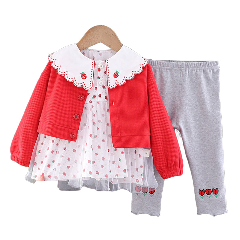 3 Pieces Set Baby Kid Girls Solid Color Jackets Outwears Fruit Dresses And Flower Pants Wholesale 230129492