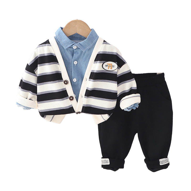 3 Pieces Set Baby Kid Boys Solid Color Shirts Striped Cardigan And Letters Pants Wholesale 230129534