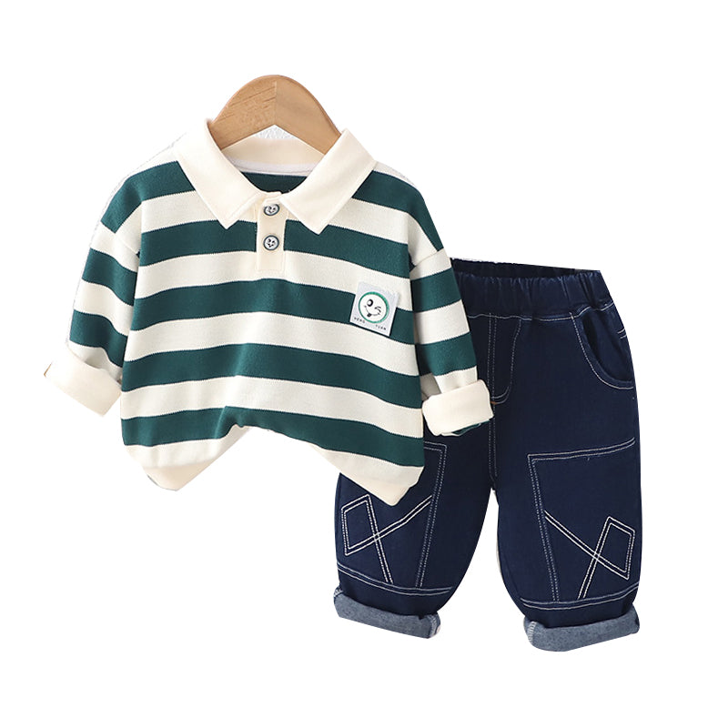 2 Pieces Set Baby Kid Boys Striped Expression Polo Shirts And Solid Color Jeans Wholesale 230129576