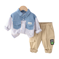 Load image into Gallery viewer, 2 Pieces Set Baby Kid Boys Striped Color-blocking Tops And Solid Color Pants Wholesale 230129585
