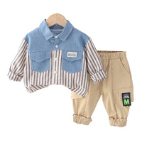 Load image into Gallery viewer, 2 Pieces Set Baby Kid Boys Striped Color-blocking Tops And Solid Color Pants Wholesale 230129585
