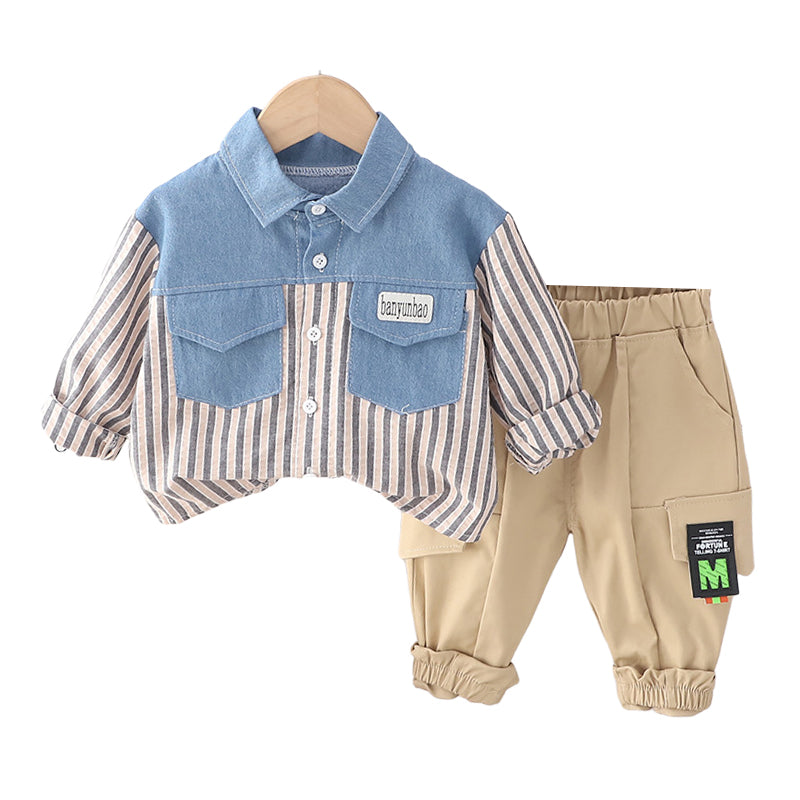 2 Pieces Set Baby Kid Boys Striped Color-blocking Tops And Solid Color Pants Wholesale 230129585