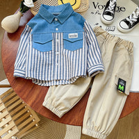 Load image into Gallery viewer, 2 Pieces Set Baby Kid Boys Striped Color-blocking Tops And Solid Color Pants Wholesale 230129585
