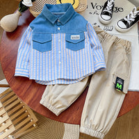 Load image into Gallery viewer, 2 Pieces Set Baby Kid Boys Striped Color-blocking Tops And Solid Color Pants Wholesale 230129585
