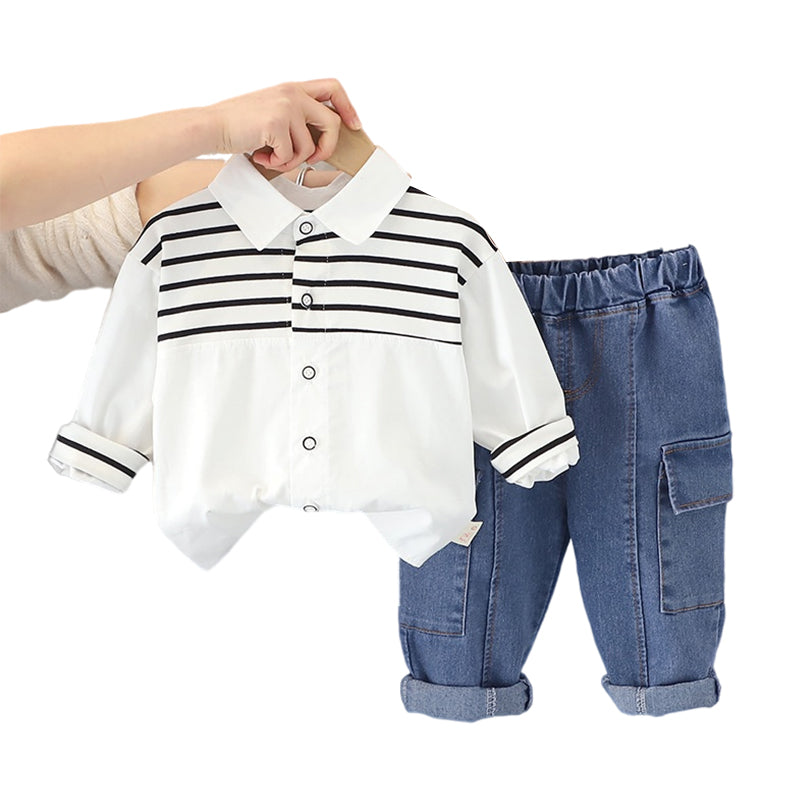 2 Pieces Set Baby Kid Boys Striped Tops And Solid Color Jeans Wholesale 230129594