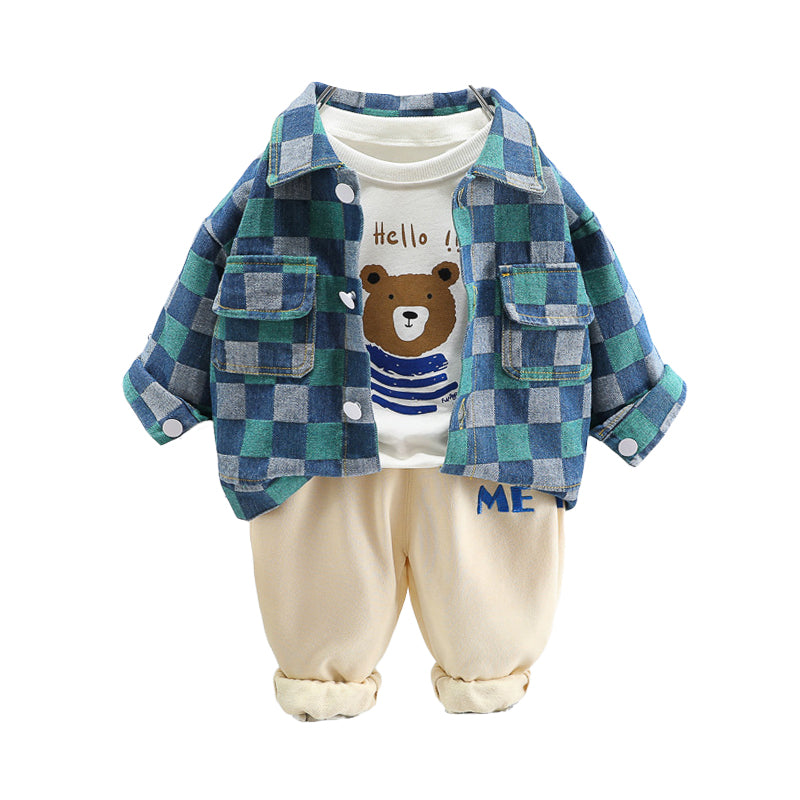 3 Pieces Set Baby Kid Boys Letters Cartoon Print Tops And Checked Jackets Outwears And Pants Wholesale 230129627