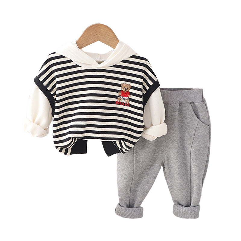 2 Pieces Set Baby Kid Boys Striped Letters Cartoon Embroidered Hoodies Sweatshirts And Solid Color Pants Wholesale 230129628